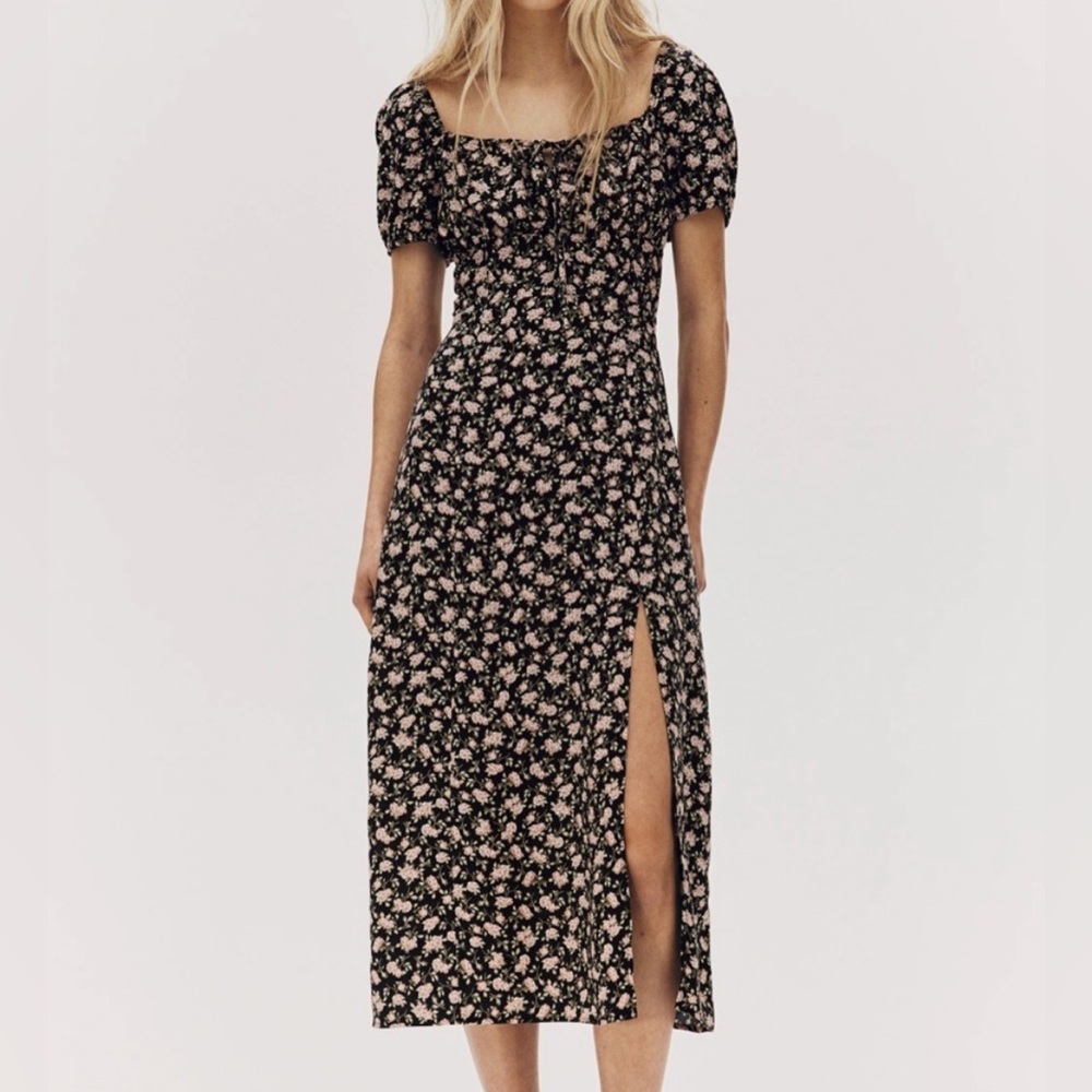 H&M Black Midi Dress with Pink Floral Pattern
